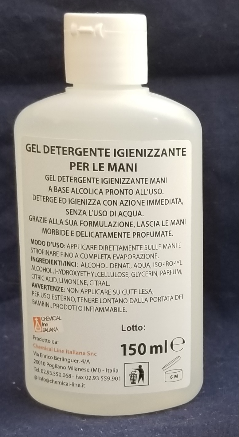 Gel igienizzante mani base alcol in flacone da 150 ml. ricaricabile